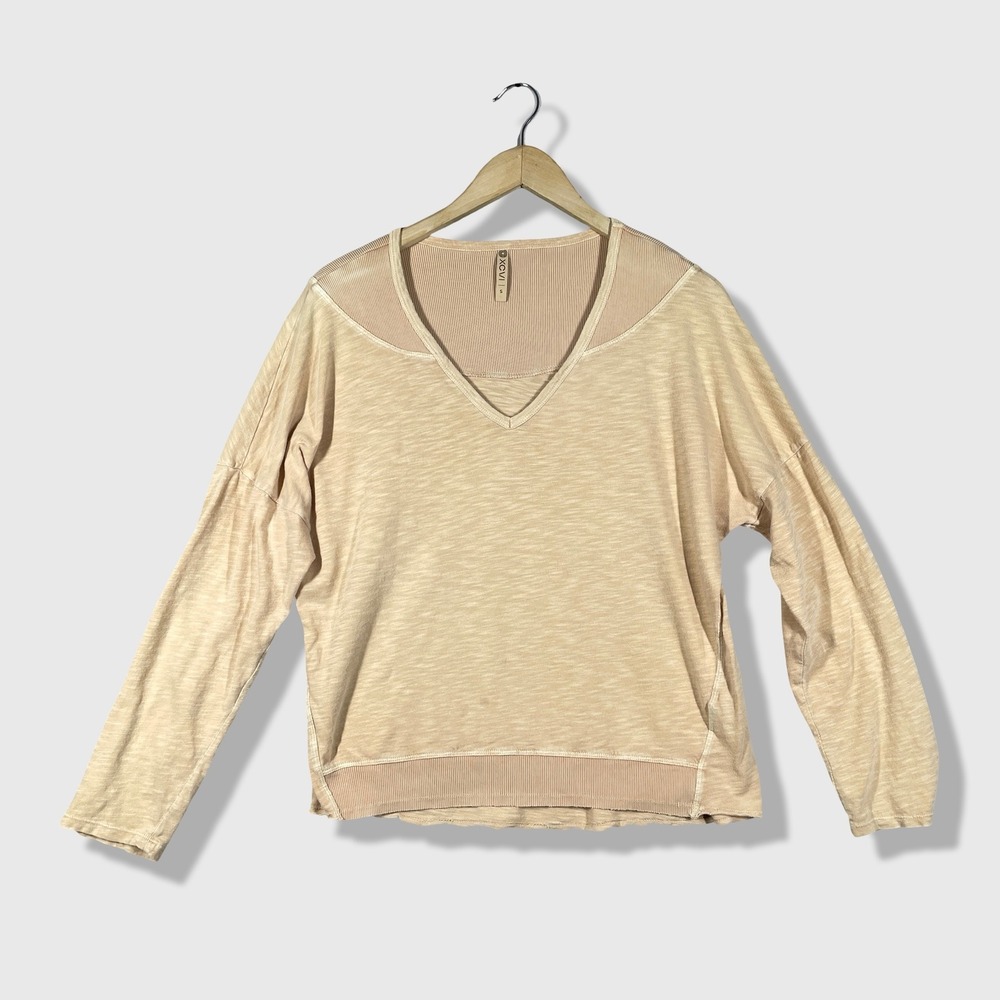 XCVI Long Sleeve Top Womens S Beige Boho Slub Knit V-Neck Pullover Minimalist